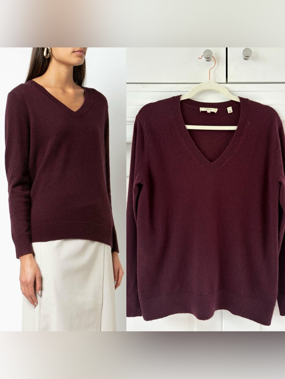 Vince Weekend Cashmere V-Neck Sweater in Burgundy – Size S